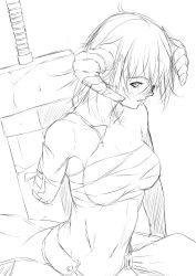 Rule 34 | 1girl, amputee, bad id, bad twitter id, bandaged arm, bandages, commentary request, greyscale, highres, horns, looking at viewer, midriff, missing limb, monochrome, navel, niwatazumi, original, oversized object, sarashi, sheep horns, short hair, sketch, solo, sword, weapon