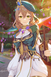 Rule 34 | 1girl, absurdres, aquilar, book, braid, breasts, brown hair, cleavage, collar, commentary, facing viewer, flower, genshin impact, green eyes, green headwear, hair between eyes, hair flower, hair ornament, highres, holding, holding book, lisa (a sobriquet under shade) (genshin impact), lisa (genshin impact), long sleeves, medium breasts, medium hair, official alternate costume, parted lips, signature, smile, solo, twin braids, upper body, vision (genshin impact)