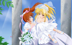 Rule 34 | 00s, 2girls, blonde hair, blush, bouquet, breasts, bride, carrying, cleavage, dress, fate testarossa, flower, highres, long hair, lyrical nanoha, mahou shoujo lyrical nanoha, mahou shoujo lyrical nanoha a&#039;s, mahou shoujo lyrical nanoha strikers, multiple girls, princess carry, purple eyes, red eyes, side ponytail, small breasts, smile, takamachi nanoha, wedding, wedding dress, wife and wife, yuri