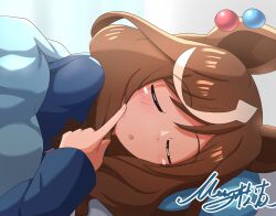 Rule 34 | 1girl, absurdres, alternate costume, animal ears, bed, blush, cheek poking, closed eyes, commentary request, highres, horse ears, horse girl, matikane tannhauser (umamusume), matty (matsutomo), open mouth, pajamas, pillow, poking, pov, signature, simple background, solo focus, umamusume, white background
