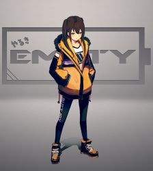 Rule 34 | 1girl, absurdres, text background, brown hair, clothes writing, coat, collarbone, commentary request, full body, fur-trimmed coat, fur trim, grey background, hands in pockets, hara shoutarou, highres, huge filesize, leggings, legs apart, long hair, long sleeves, looking at viewer, open clothes, open coat, orange coat, orange eyes, orange footwear, original, parted lips, shirt, shoes, sidelocks, solo, standing, translation request, twintails, white shirt