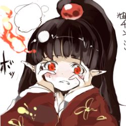 Rule 34 | 1girl, black hair, brush, flame iii, hair ornament, hand on own cheek, hand on own face, japanese clothes, lowres, ponytail, red eyes, shunsei (muratou), viprpg