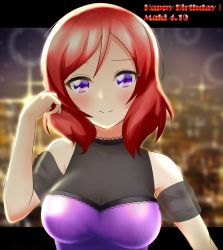 Rule 34 | 1girl, artist name, artist request, bare shoulders, black border, black choker, black detached collar, blurry, blurry background, blush, border, breasts, choker, city, city lights, cleavage, collarbone, dress, female focus, hair between eyes, highres, looking at viewer, love live!, love live! school idol project, medium breasts, night, night sky, nishikino maki, outdoors, parted lips, playing with own hair, purple dress, purple eyes, red hair, see-through, see-through sleeves, short hair, sky, smile, solo, star (sky), upper body