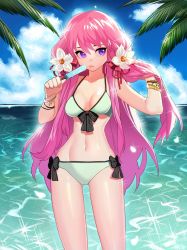 Rule 34 | 1girl, adjusting hair, bad id, bad pixiv id, beach, bikini, bracelet, breasts, cloud, cowboy shot, day, flower, food, hair flower, hair ornament, hair ribbon, highres, holding, horizon, jewelry, lips, long hair, lots of jewelry, medium breasts, nature, navel, ocean, outdoors, parted lips, pink hair, pintail (sword girls), popsicle, purple eyes, ribbon, seoji, shiny skin, sky, solo, sparkle, standing, swimsuit, sword girls, thigh gap, thighs, twintails, water