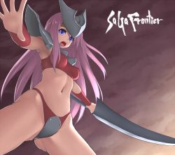 Rule 34 | 1girl, bochi (yamakan), breasts, commentary request, gluteal fold, highleg, long hair, looking at viewer, monster girl, open mouth, revealing clothes, saga, saga frontier, solo, sword, weapon
