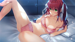 Rule 34 | 1girl, asahana (deep one), bed sheet, blush, bra, bra slip, breasts, censored, cleavage, collarbone, deep one kyomu to mugen no fragment, game cg, green eyes, hair between eyes, hair ribbon, hand on another&#039;s knee, large breasts, lens flare, long hair, mosaic censoring, natsuhiko, navel, open mouth, panties, pillow, pink bra, pink panties, red hair, ribbon, solo focus, spread legs, twintails, underwear, underwear only, wavy mouth, white ribbon