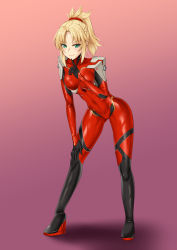 1girl, blonde hair, bodysuit, braid, breasts, cameltoe, fate/grand order, fate (series), french braid, full body, green eyes, hair ornament, hair scrunchie, highres, looking at viewer, matrix16, medium breasts, mordred (fate), mordred (fate) (all), multicolored, multicolored bodysuit, multicolored clothes, plugsuit, ponytail, red bodysuit, scrunchie, skin tight, smile, solo, thighs
