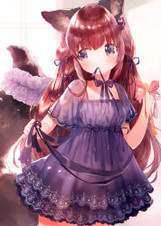 Rule 34 | 1girl, animal ear fluff, animal ears, black bow, black ribbon, bow, breasts, brown hair, closed mouth, dress, fox ears, fox girl, fox tail, grey eyes, hands up, highres, long hair, mouth hold, mutou mato, original, purple dress, ribbon, ribbon in mouth, short sleeves, small breasts, solo, standing, tail, tail raised, very long hair