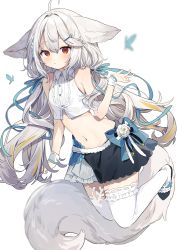 Rule 34 | 1girl, absurdres, ahoge, animal ear fluff, animal ears, commentary request, commission, ears down, fox ears, fox girl, fox tail, frilled thighhighs, frills, full body, highres, inuyayo, large ears, long hair, original, red eyes, sakurada shiro (hy plus), skeb commission, solo, tail, thighhighs, very long hair, white hair, white thighhighs