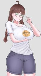 Rule 34 | ahoge, blush, braid, breasts, brown hair, character request, colorized, copyright request, freckles, glasses, green eyes, highres, large breasts, nerd emoji, open mouth, self-upload, shirt, shorts, simple background, solo, standing, sweat, sweatdrop, t-shirt, yago rilla