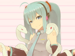 Rule 34 | 1girl, ahoge, blue eyes, detached sleeves, green hair, hatsune miku, headphones, highres, looking at viewer, necktie, pon (shind 997), smile, snake, solo, sweat, twintails, vocaloid