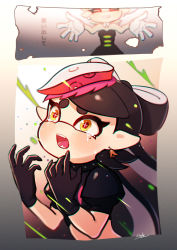 Rule 34 | + +, 1girl, 2koma, artist name, black dress, black gloves, black hair, black shirt, brown eyes, callie (splatoon), closed eyes, collar, comic, commentary, coula cat, cousins, crop top, crying, crying with eyes open, detached collar, dress, earrings, fangs, food, food art, food on head, frown, gloves, grey hair, grin, highres, inkling, jewelry, long hair, marie (splatoon), mole, mole under eye, nintendo, object on head, open mouth, outstretched arms, pointy ears, puffy short sleeves, puffy sleeves, shirt, short sleeves, signature, smile, solo, spiked collar, spikes, splatoon (series), splatoon 1, splatoon 2, strapless, strapless dress, tako-san wiener, tears, tentacle hair, upper body, white gloves