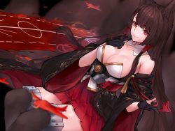 Rule 34 | 1girl, akagi (azur lane), animal ears, azur lane, bare shoulders, black kimono, blunt bangs, breasts, brown hair, cleavage, closed mouth, commentary, detached collar, dutch angle, english commentary, finger to own chin, fox ears, fox girl, gloves, hakama, hakama short skirt, hakama skirt, highres, japanese clothes, kimono, kitsune, large breasts, neonbeat, off shoulder, orange eyes, partially fingerless gloves, red skirt, sitting, skirt, smile, thighhighs, thighs, wide sleeves