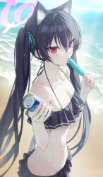 Rule 34 | 1girl, animal ear fluff, animal ears, bare arms, bare shoulders, beach, bikini, black bikini, black hair, blue archive, blush, breasts, can, cat ears, cleavage, collarbone, day, extra ears, food, frilled bikini, frills, halo, highres, holding, holding can, holding food, long hair, ocean, official alternate costume, open mouth, outdoors, pink halo, popsicle, red eyes, serika (blue archive), serika (swimsuit) (blue archive), small breasts, solo, swimsuit, tongue, tongue out, twintails, yuke (sowon5612)