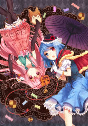 Rule 34 | 2girls, adapted costume, bad id, bad pixiv id, black legwear, blue eyes, blue hair, candy, capelet, checkerboard cookie, cookie, dress, elbow gloves, expressionless, food, gloves, hat, hata no kokoro, heterochromia, holding, holding umbrella, karakasa obake, long hair, looking at viewer, mask, multiple girls, new mask of hope, nunucco, open mouth, pink eyes, pink hair, plaid, puffy short sleeves, puffy sleeves, pumpkin, red eyes, short hair, short sleeves, striped, tatara kogasa, thighhighs, touhou, umbrella, white gloves, wrapped candy