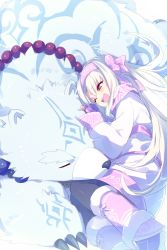 Rule 34 | 1girl, ainu clothes, animal, bead necklace, beads, bear, blush, bow, commentary request, dress, echo (circa), closed eyes, fate/grand order, fate (series), fingerless gloves, gloves, hair between eyes, hair bow, hair ornament, hairband, illyasviel von einzbern, jewelry, long hair, lying, necklace, one eye closed, open mouth, pantyhose, pink bow, polar bear, red eyes, shirou (bear) (fate), simple background, sitonai (fate), sleeping, smile, solo, teeth, white background, white hair