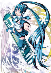 Rule 34 | 1girl, aqua eyes, aqua hair, detached sleeves, earmuffs, hatsune miku, highres, long hair, necktie, open mouth, outstretched arms, skirt, snowboard, snowflakes, solo, spread arms, thighhighs, torigoe takumi, twintails, very long hair, vocaloid