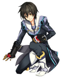 Rule 34 | 1boy, black hair, brown eyes, gauntlets, highres, jude mathis, kmikan, male focus, solo, squatting, tales of (series), tales of xillia, white background