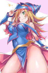 Rule 34 | 1girl, artist name, bare shoulders, blonde hair, blue dress, blush stickers, breasts, capelet, closed mouth, commentary request, covered navel, dark magician girl, dress, duel monster, green eyes, hand up, hat, highres, holding, konnyaku (kk-monmon), lips, long hair, looking away, medium breasts, one eye closed, pelvic curtain, pentacle, shiny skin, short dress, signature, simple background, smile, solo, thighs, underwear, v, wizard hat, yu-gi-oh!