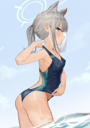 Rule 34 | 1girl, absurdres, adjusting clothes, adjusting swimsuit, animal ear fluff, animal ears, arched back, ass, blue archive, blue eyes, blush, breasts, collarbone, competition swimsuit, earrings, grey hair, halo, highres, jewelry, leaning forward, looking at viewer, nuda, one-piece swimsuit, shiroko (blue archive), shiroko (swimsuit) (blue archive), sky, small breasts, solo, stud earrings, swimsuit, wading, water, wet