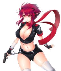 Rule 34 | 1girl, belt pouch, black gloves, black shorts, blade (soccer spirits), breasts, cleavage, collarbone, covered erect nipples, crop top, cuffs, eyebrows, eyelashes, finger on trigger, fingerless gloves, gloves, gluteal fold, groin, gun, hair between eyes, handcuffs, handgun, headgear, highres, holding, holding gun, holding weapon, large breasts, light particles, looking at viewer, midriff, moing, navel, pistol, pocket, pouch, red eyes, red hair, red scarf, scarf, shiny skin, shorts, sidelocks, simple background, skindentation, soccer spirits, solo, stomach, sweat, thighhighs, weapon, white background, white thighhighs