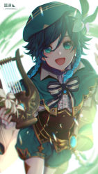 Rule 34 | 1boy, androgynous, argyle, argyle clothes, argyle legwear, beret, black hair, blue hair, blurry, bow, braid, brooch, cape, collared cape, collared shirt, corset, feathers, flower, frilled sleeves, frills, gem, genshin impact, gradient hair, green eyes, green hat, green shorts, hair flower, hair ornament, hat, holding, holding instrument, instrument, jewelry, leaf, long sleeves, looking at viewer, lyre, male focus, monicanc, multicolored hair, open mouth, pantyhose, pinwheel, shirt, short hair with long locks, shorts, simple background, smile, solo, twin braids, venti (genshin impact), vision (genshin impact), white background, white flower, white pantyhose, white shirt
