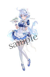 Rule 34 | 1girl, alternate costume, animal ear fluff, animal ears, apron, bell, blue dress, blue eyes, blue footwear, blue gloves, blue hair, bow, cat ears, cat girl, cat tail, closed mouth, dress, enmaided, frilled apron, frilled dress, frills, furina (genshin impact), genshin impact, gloves, grey hair, hair between eyes, hair intakes, half gloves, high heels, highres, jingle bell, kemonomimi mode, maid, maid headdress, multicolored hair, neck bell, omelet tomato, puffy short sleeves, puffy sleeves, sample watermark, shoes, short sleeves, signature, simple background, solo, streaked hair, striped bow, tail, thighhighs, watermark, white apron, white background, white gloves, white thighhighs, wrist cuffs