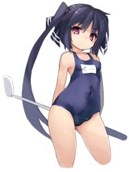Rule 34 | 1girl, arms behind back, black hair, child, covered navel, gluteal fold, golf club, karukan (monjya), kooh, long hair, one-piece swimsuit, pangya, red eyes, ribbon, school swimsuit, simple background, solo, swimsuit, thighs, twintails, white background