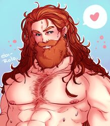Rule 34 | 1boy, abs, absurdres, bara, beard, blush, chest hair, earrings, facial hair, heart, highres, jewelry, large pectorals, league of legends, long beard, long hair, looking to the side, male focus, mature male, muscular, muscular male, mustache, nipples, nude, olaf (league of legends), orange hair, pectorals, rolo&#039;s art, smile, solo, spoken heart, strongman waist, sweat, thick eyebrows, thick mustache, upper body