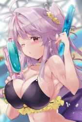 Rule 34 | antenna hair, azur lane, breasts, cleavage, collarbone, commentary request, dual wielding, grenville (azur lane), hair ornament, highres, holding, looking at viewer, navel, one eye closed, portrait, purple hair, side ponytail, swimsuit, tonchinkan, water gun