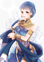 Rule 34 | 1girl, armlet, armor, blue dress, blue hair, bracelet, braid, brown eyes, commentary request, crown braid, dancer, dancer (fire emblem: three houses), dress, earrings, fingernails, fire emblem, fire emblem: three houses, fire emblem heroes, hand on own chest, highres, jewelry, lips, looking at viewer, marianne von edmund, nintendo, official alternate costume, parted lips, pink lips, shawl, short hair, shoulder armor, single-shoulder dress, sleeveless, sleeveless dress, smile, solo, twitter username, yutohiroya
