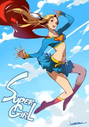 Rule 34 | 1girl, :d, bad id, bad twitter id, belt, blonde hair, blue eyes, blue skirt, boots, breasts, cape, character name, commentary request, contrail, crop top, dc comics, flying, highres, kotatsu (g-rough), long hair, long sleeves, looking at viewer, medium breasts, midriff, miniskirt, navel, open mouth, pleated skirt, red cape, red footwear, signature, skirt, smile, solo, stomach, supergirl, superman (series)