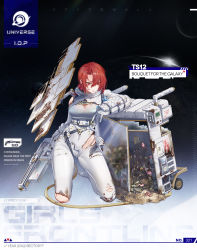 Rule 34 | 1girl, belt, blood, blood on face, bodysuit, breasts, broken glass, bug, bullpup, butterfly, cleavage, covered navel, cuts, dirt, english text, flower, girls&#039; frontline, glass, gun, highres, holding, holding gun, holding weapon, injury, insect, knee pads, kneeling, large breasts, official art, plant, red eyes, red hair, see-through, shield module, single knee pad, solar panel, spacesuit, star (sky), torn bodysuit, torn clothes, ts12 (bouquet for the galaxy) (girls&#039; frontline), ts12 (girls&#039; frontline), weapon, white bodysuit