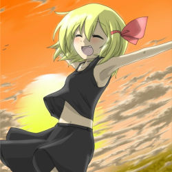 Rule 34 | 1girl, :d, ^ ^, adapted costume, alternate costume, armpits, blonde hair, bow, closed eyes, cloud, collarbone, closed eyes, fang, female focus, flying, hair bow, midriff, navel, nobamo pieruda, open mouth, outstretched arms, rumia, short hair, skirt, skirt set, sky, smile, solo, sunset, tank top, touhou, wind, wind lift