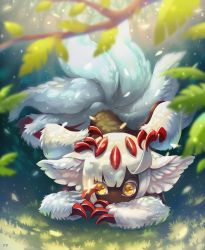 Rule 34 | 1girl, branch, claws, day, extra arms, eyebrows, faputa, furry, furry female, grass, highres, isakhaya, long hair, looking at viewer, lying, made in abyss, multiple tails, on stomach, outdoors, solo, tail, white hair, yellow eyes