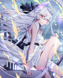 Rule 34 | 1girl, absurdres, azarashi (azrsot), bandaged leg, bandages, black bow, bow, breasts, collarbone, dress, floating hair, from side, hair between eyes, hair bow, highres, long hair, looking at viewer, medium breasts, original, parted lips, red eyes, ribbon, silver hair, sitting, sleeveless, sleeveless dress, solo, very long hair, white dress, white ribbon
