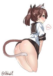 Rule 34 | 10s, 1girl, animal ears, ass, bad id, bad twitter id, blush, brown eyes, brown hair, brown ribbon, brown skirt, cat ears, cat tail, closed mouth, covering crotch, covering privates, cowboy shot, cropped legs, ebifurya, embarrassed, from side, hair ribbon, highres, inactive account, kantai collection, kemonomimi mode, no panties, ponytail, profile, ribbon, school uniform, serafuku, shikinami (kancolle), short sleeves, simple background, skirt, solo, spoken blush, tail, tail censor, tears, twitter username, wavy mouth, white background