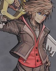 Rule 34 | 1boy, 74nogo, artist name, blue eyes, brown background, brown hair, brown jacket, buttons, chain necklace, grey background, hand on own hip, holding, holding weapon, hood, hood down, hooded jacket, jacket, jewelry, keyblade, kingdom hearts, kingdom hearts iv, kingdom key, looking to the side, male focus, necklace, over shoulder, red shirt, shirt, short hair, simple background, smile, solo, sora (kingdom hearts), spiked hair, teeth, unzipped, upper body, weapon, weapon over shoulder