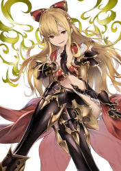 Rule 34 | 10s, 1girl, armor, bad id, bad pixiv id, bikini armor, black gloves, black thighhighs, blonde hair, bow, collarbone, crossed legs, empty eyes, finger to mouth, frills, gloves, granblue fantasy, hair between eyes, hair bow, hair ornament, heirou, long hair, open mouth, orange eyes, red bow, showgirl skirt, simple background, smile, solo, thighhighs, vira (granblue fantasy), white background