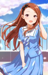 Rule 34 | 1girl, black hairband, black ribbon, blue bow, blue bowtie, blue jacket, blue skirt, blue sky, blurry, blurry background, blush, bow, bowtie, breasts, brown eyes, brown hair, cloud, day, dot nose, fence, hair ribbon, hairband, hand up, highres, idolmaster, idolmaster (classic), idolmaster million live!, idolmaster million live! theater days, jacket, long hair, looking at viewer, maa (io 215), minase iori, open mouth, plaid, plaid bow, plaid bowtie, pleated skirt, ribbon, sailor collar, short sleeves, skirt, sky, small breasts, smile, solo, white sailor collar