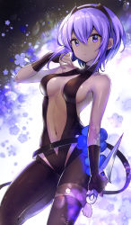 Rule 34 | 1girl, bare shoulders, black gloves, breasts, dark-skinned female, dark skin, fate/grand order, fate/prototype, fate/prototype: fragments of blue and silver, fate (series), fingerless gloves, gloves, hairband, hassan of serenity (fate), hayama eishi, knife, looking at viewer, medium breasts, navel, purple eyes, purple hair, short hair, solo
