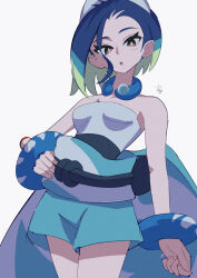 1girl :o alternate_color alternate_costume bare_shoulders blue_hair blue_shorts brown_eyes cosplay creatures_(company) eyelashes game_freak green_hair hand_on_own_hip highres ida_(idalol490) irida_(pokemon) irida_(pokemon)_(cosplay) multicolored_hair nintendo open_mouth perrin_(pokemon) pokemon pokemon_masters_ex pokemon_sv shirt short_hair shorts signature solo two-tone_hair white_shirt