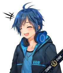 Rule 34 | +++, 1boy, absurdres, afba, blue hair, blush, closed eyes, collarbone, commentary, commission, english commentary, english text, hair between eyes, happy, headphones, headphones around neck, highres, hood, hood down, hoodie, jewelry, male focus, necklace, open mouth, original, short hair, short sleeves, simple background, talking, virtual youtuber, white background