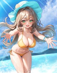 Rule 34 | 1girl, :d, absurdres, bikini, blonde hair, blue archive, blue sky, blush, breasts, cloud, collarbone, day, floating hair, flower, green eyes, hapu (nfdt7773), hat, hat flower, highres, large breasts, leaning forward, long hair, looking at viewer, navel, nonomi (blue archive), nonomi (swimsuit) (blue archive), ocean, open mouth, outdoors, outstretched arms, sky, smile, solo, stomach, sun hat, swimsuit, thighs, water, yellow bikini