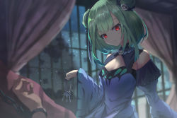 Rule 34 | 1girl, backlighting, bare shoulders, blonde hair, blunt bangs, blurry, blurry background, bow, closed mouth, cuffs, curtains, detached collar, detached sleeves, double bun, dress, frills, hair bow, hair bun, hair ornament, hand up, highres, holding, holding key, hololive, key, long sleeves, looking at viewer, medium hair, purple dress, red eyes, sidelocks, skull hair ornament, smile, solo focus, tipto-eb, upper body, uruha rushia, uruha rushia (1st costume), virtual youtuber, wide sleeves