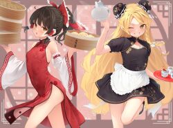Rule 34 | 2girls, :o, ;d, absurdres, adapted costume, alternate costume, apron, ass, back bow, bamboo steamer, baozi, bare shoulders, belt, black dress, black footwear, blonde hair, blurry, blurry background, blush, bow, box, braid, breasts, brown eyes, brown hair, bun cover, china dress, chinese clothes, closed mouth, commentary request, cup, detached sleeves, double bun, dress, eyelashes, flat chest, floral background, floral print, flower, food, frills, from side, grin, hair between eyes, hair bow, hair bun, hair ornament, hair tubes, hakurei reimu, hands up, highres, holding, holding box, holding kettle, holding tray, kanpa (campagne 9), kettle, kirisame marisa, leg up, long hair, long sleeves, looking at viewer, mandarin collar, multiple girls, no headwear, one eye closed, open mouth, pink background, ponytail, puffy short sleeves, puffy sleeves, red belt, red bow, red dress, red flower, round window, shoes, short hair, short ponytail, short sleeves, side slit, sideboob, single braid, sleeveless, sleeveless dress, small breasts, smile, standing, standing on one leg, steam, tea, teeth, touhou, tray, very long hair, waves, white apron, white bow, white flower, wide sleeves, window, yellow eyes, yellow flower, yin yang, yin yang print