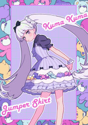 Rule 34 | 1girl, arms behind back, black shirt, blush stickers, bow, closed mouth, collared shirt, commentary, dated, dress, feet out of frame, grey hair, highres, leaning forward, long hair, neki (wakiko), original, print dress, puffy short sleeves, puffy sleeves, purple background, purple bow, purple eyes, romaji text, shirt, short sleeves, sleeveless, sleeveless dress, solo, standing, striped clothes, striped dress, stuffed animal, stuffed toy, teddy bear, twintails, twitter username, vertical-striped clothes, vertical-striped dress, very long hair, wrist cuffs