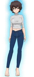 Rule 34 | 1girl, absurdres, akiyama yoshiko, blue pants, blush, breasts, brown hair, closed mouth, crop top, cropped shirt, denim, earrings, full body, girls und panzer, gogopaint, green eyes, grey shirt, highres, jeans, jewelry, large breasts, looking at viewer, midriff, navel, pants, polka dot, polka dot background, sandals, shirt, short hair, simple background, smile, solo