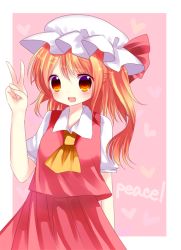 Rule 34 | 1girl, arm up, ascot, blonde hair, fang, flandre scarlet, hat, heart, looking at viewer, mob cap, no wings, ominome, open mouth, pink background, red eyes, short hair, short sleeves, side ponytail, simple background, skirt, skirt set, solo, touhou, v