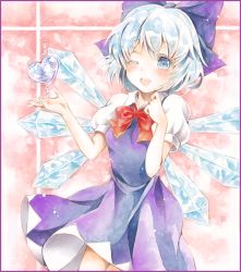 Rule 34 | 1girl, bad id, bad pixiv id, blue dress, blue eyes, blue hair, cirno, colored pencil (medium), dress, hair ribbon, hand on own chest, hand up, heart, looking at viewer, marker (medium), matching hair/eyes, one eye closed, open hand, painting (medium), potto, potto (minntochan), puffy short sleeves, puffy sleeves, red background, ribbon, short hair, short sleeves, simple background, solo, touhou, traditional media, watercolor (medium), wings